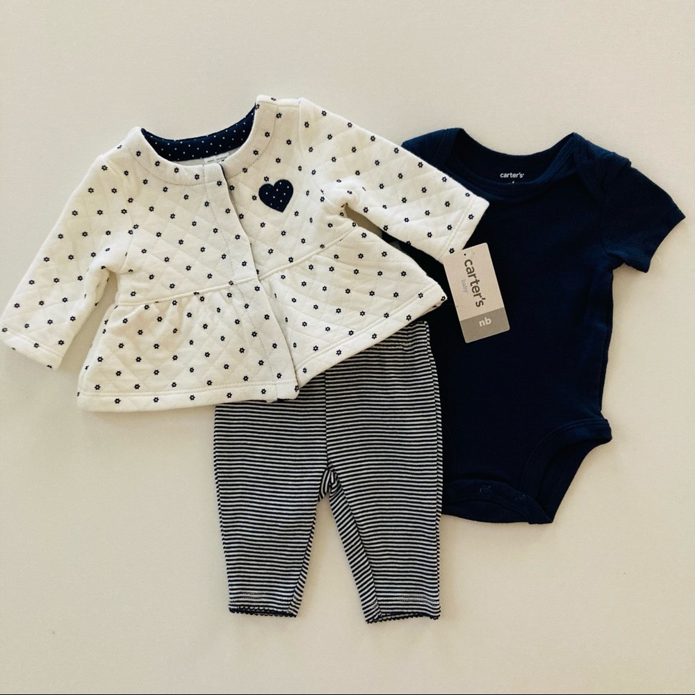 Carter’s Baby Girl Newborn Quilted Cardigan Bodysuit Pants Set Outfit NWT